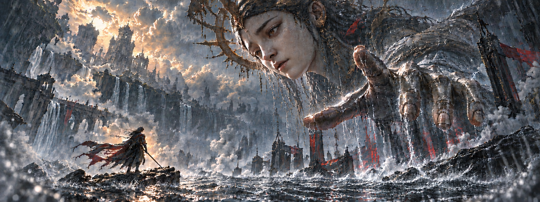 A mortal hero faces a colossal living goddess in a flooded sanctuary.
