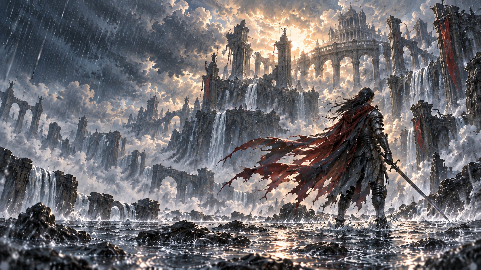 A battle-worn warrior stands in the rain of an immense Greek arena.